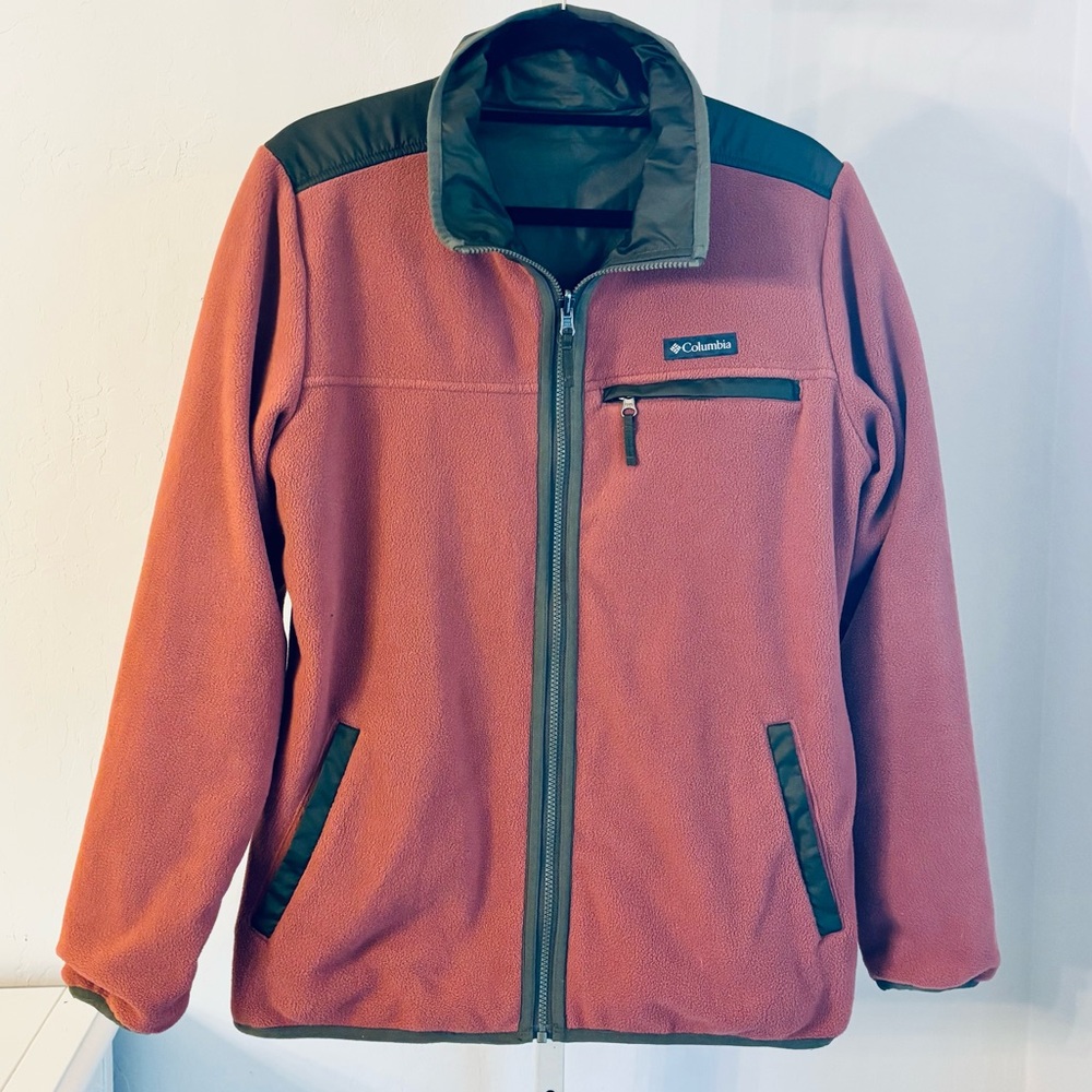 Columbia Women’s Reversible Nylon Fleece Lined Zip-Up Jacket Olive Coral, Sz L - Picture 5 of 16